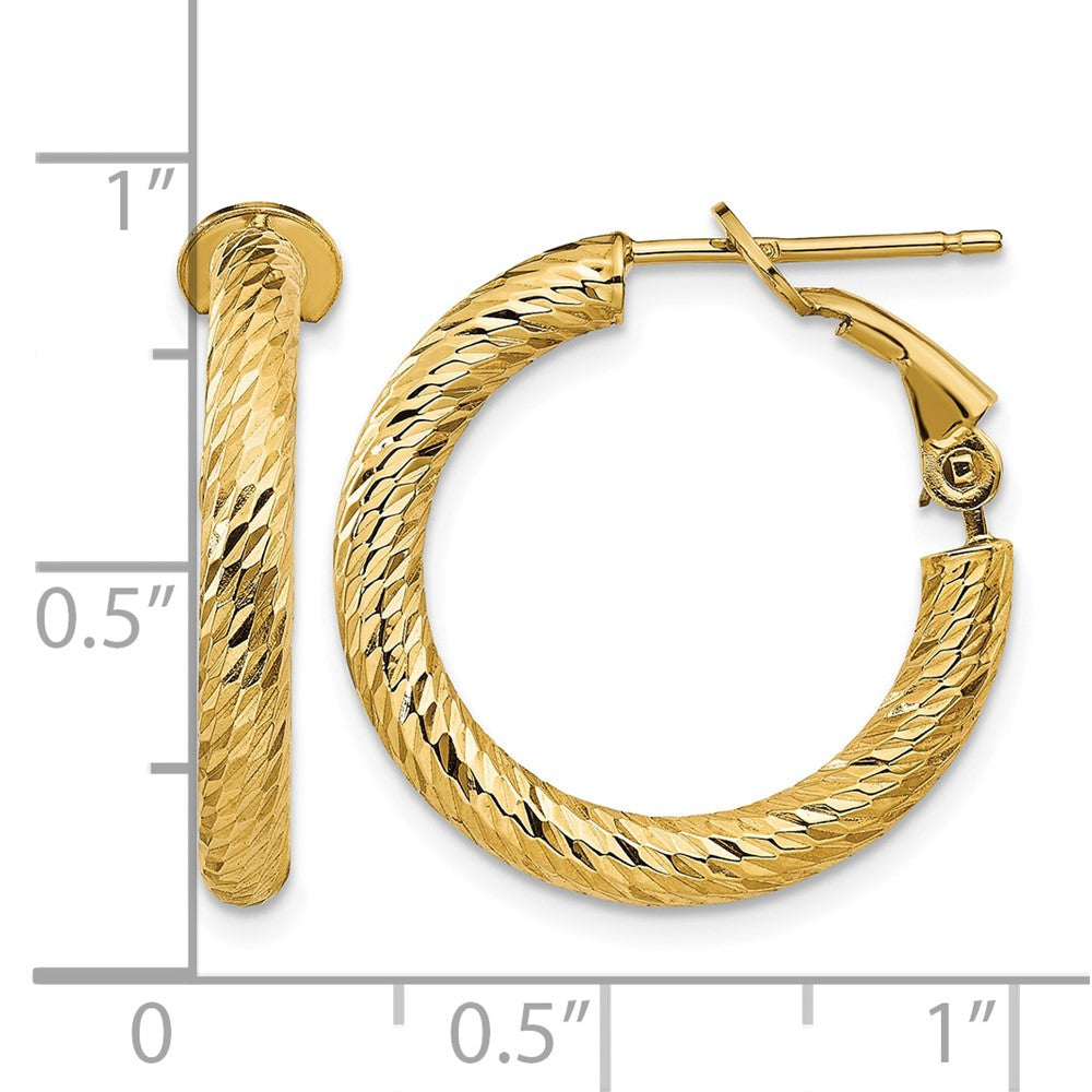 14k 3x21mm Polished Diamond-cut Round Omega Back Hoop Earrings