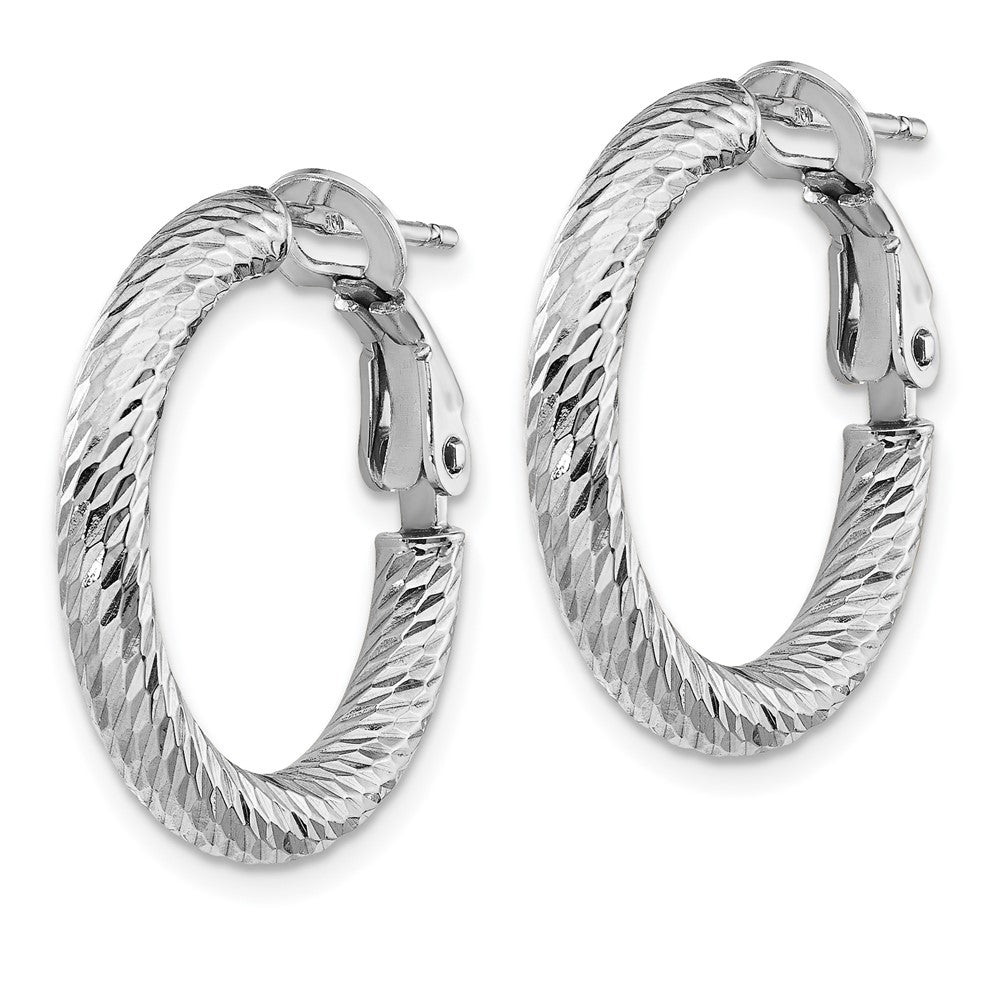 14k 3x21mm White Gold Diamond-cut Round Omega Back Hoop Earrings