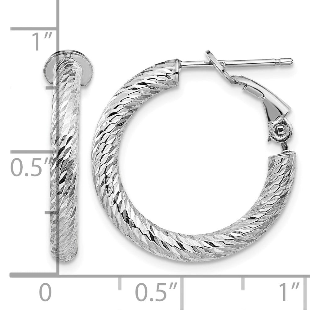 14k 3x21mm White Gold Diamond-cut Round Omega Back Hoop Earrings