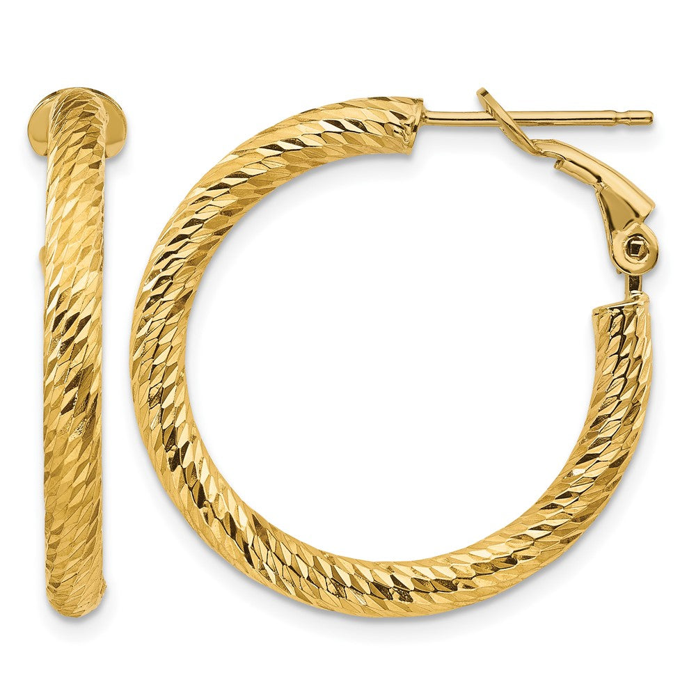 14k 3x27mm Diamond-cut Round Omega Back Hoop Earrings