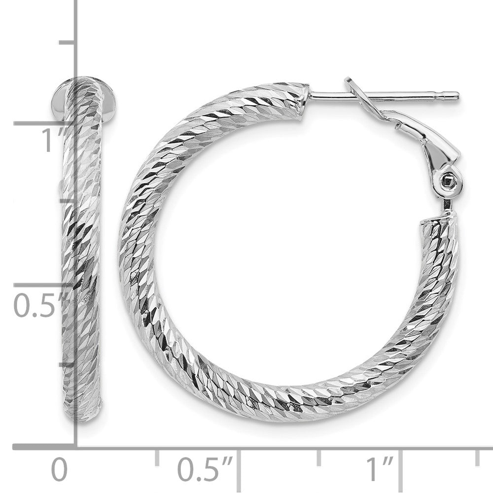 14k 3x27mm White Gold Diamond-cut Round Omega Back Hoop Earrings
