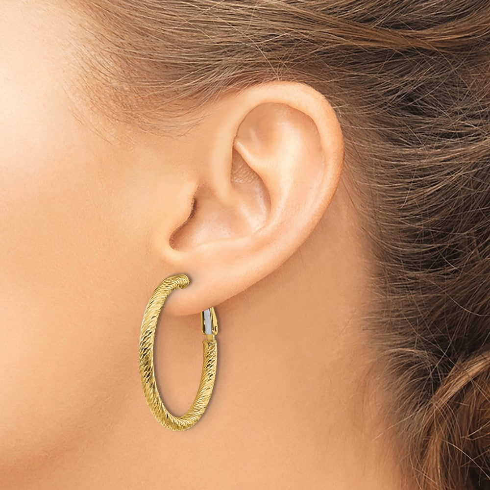 14k 3x32mm Diamond-cut Round Omega Back Hoop Earrings