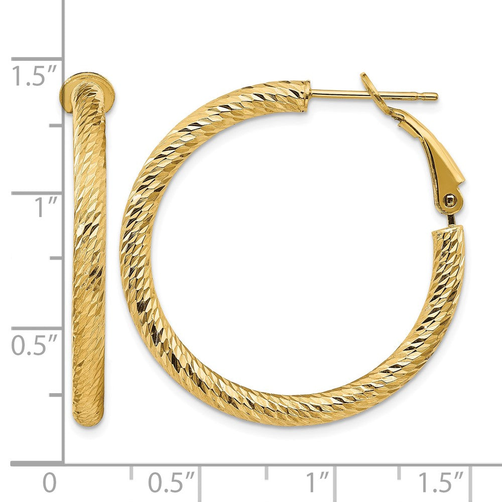 14k 3x32mm Diamond-cut Round Omega Back Hoop Earrings