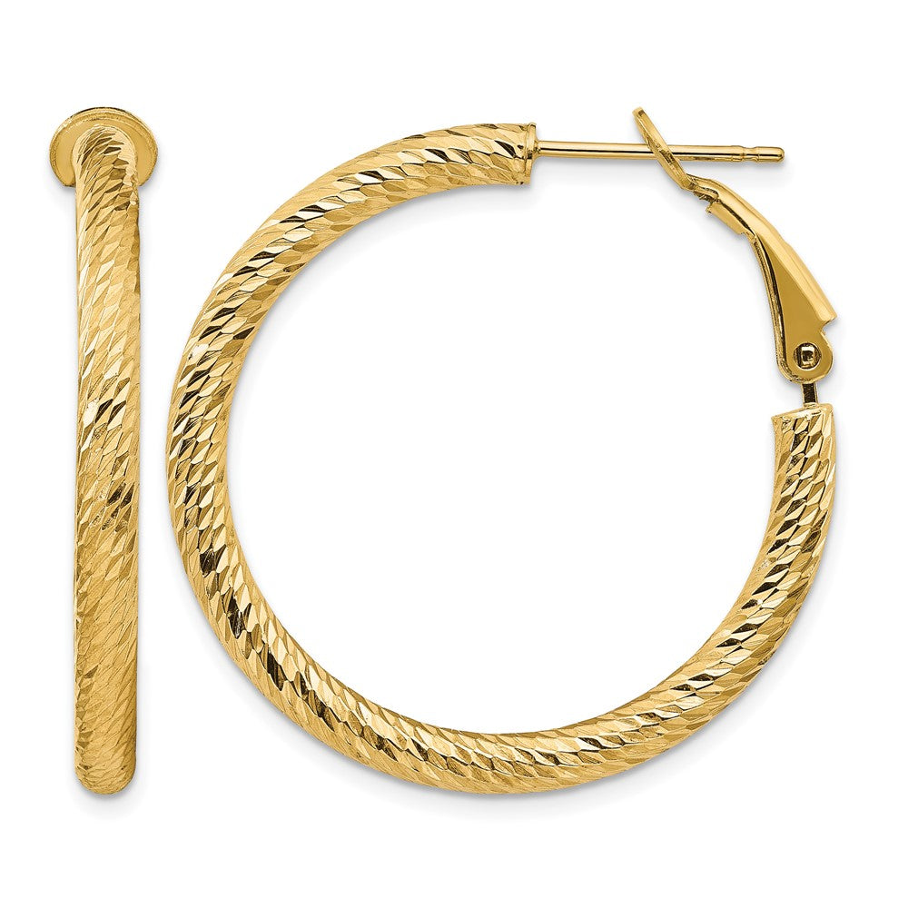 14k 3x32mm Diamond-cut Round Omega Back Hoop Earrings