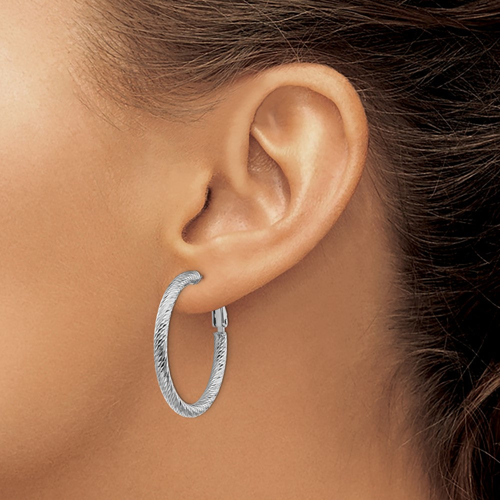 14k 3x32mm White Gold Diamond-cut Round Omega Back Hoop Earrings