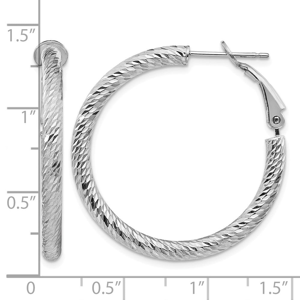 14k 3x32mm White Gold Diamond-cut Round Omega Back Hoop Earrings