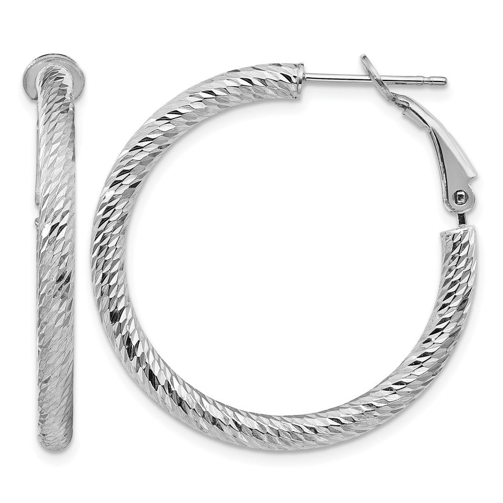 14k 3x32mm White Gold Diamond-cut Round Omega Back Hoop Earrings