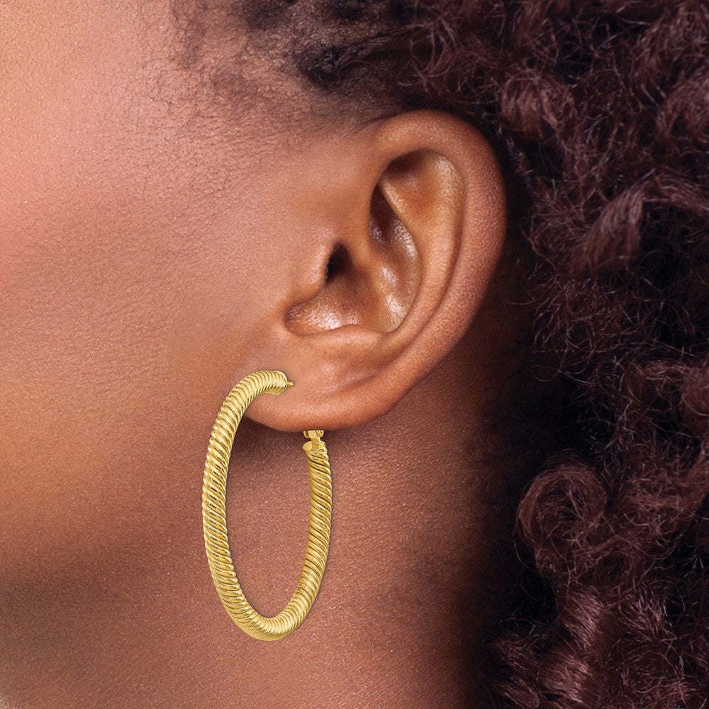 14k 4x44mm Twisted Round Omega Back Hoop Earrings