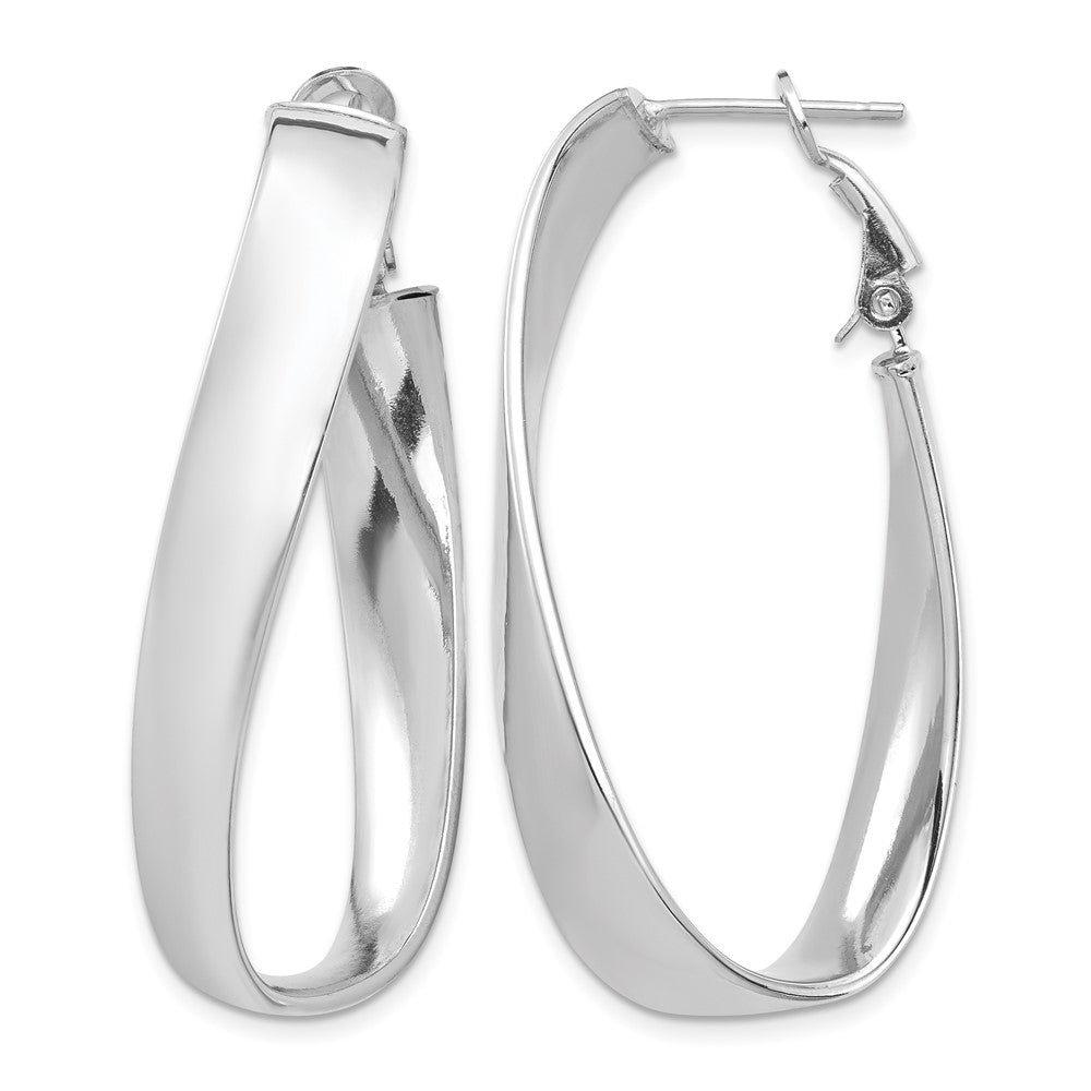 14k White Gold Polished 7mm Twisted Omega Back Oval Hoop Earrings
