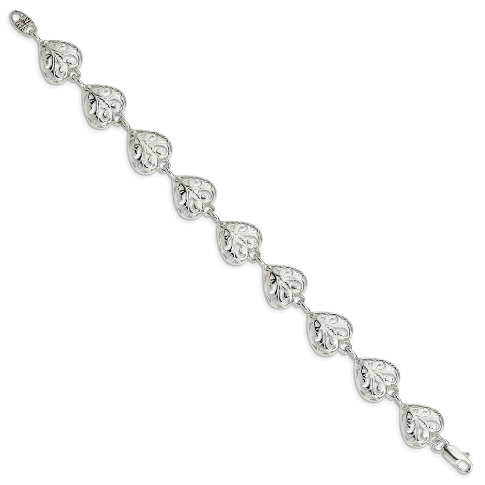 Sterling Silver Fancy Filigree Heart 7 Inch Bracelet