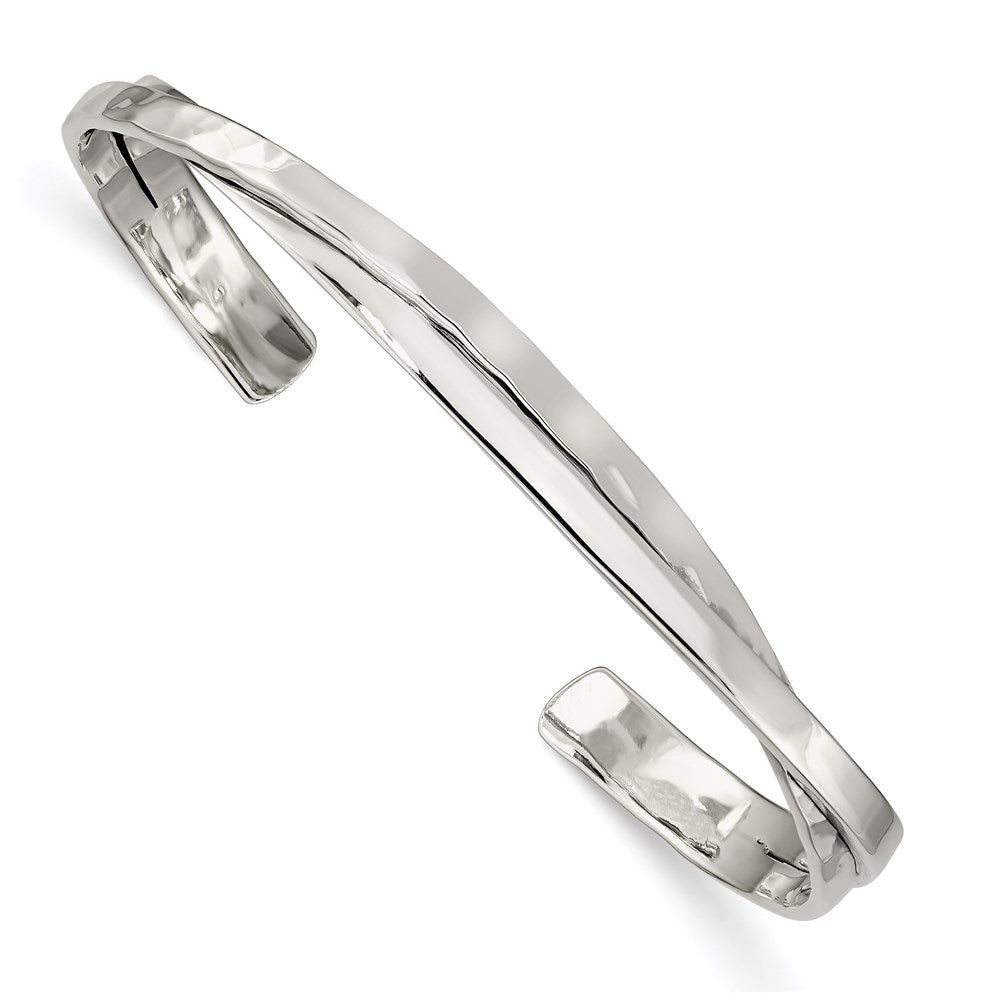 Sterling Silver RH-pl Plain 3mm and Hammered Twisted Bangle Bracelet