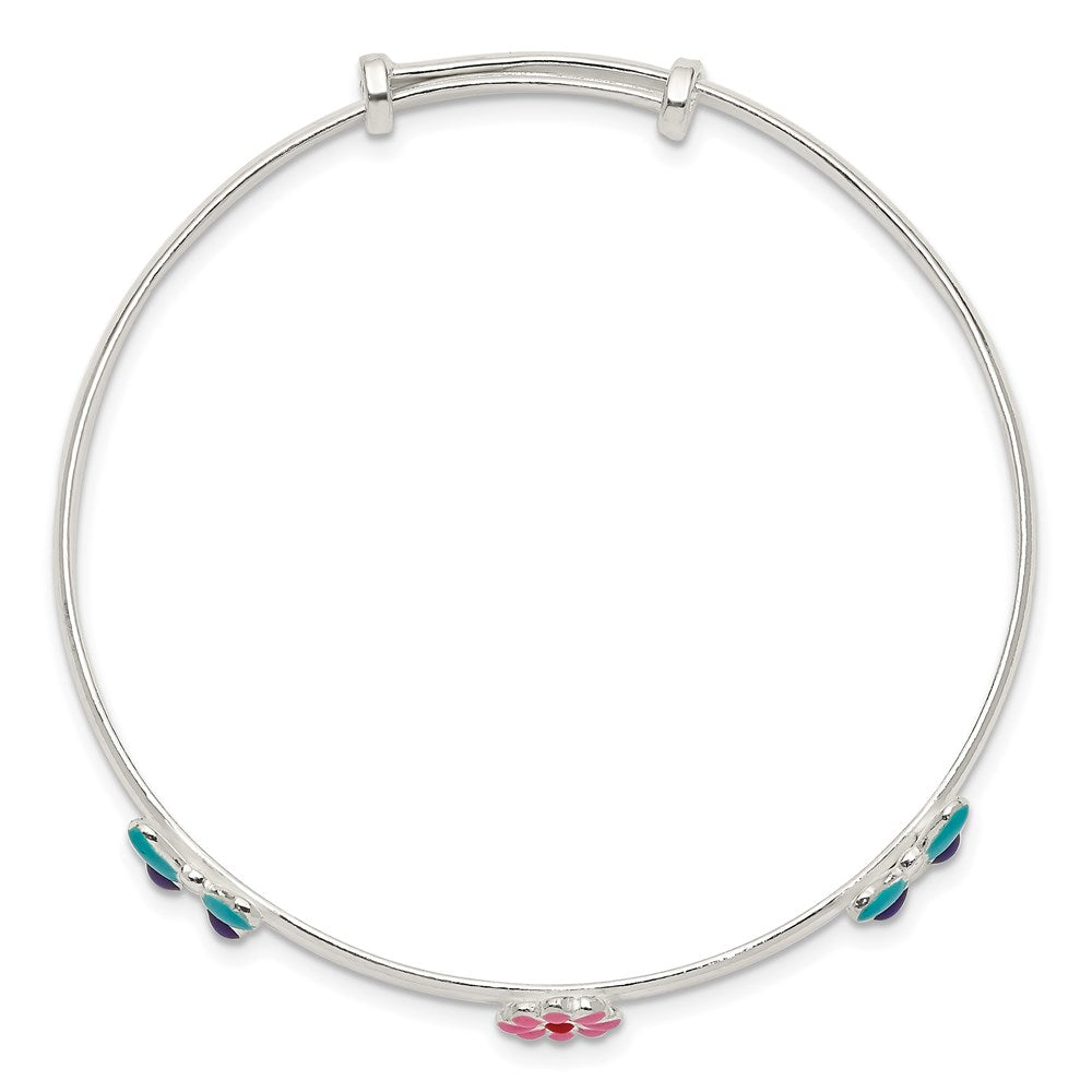 Sterling Silver Enameled Flower and Butterfly Adjustable Bangle