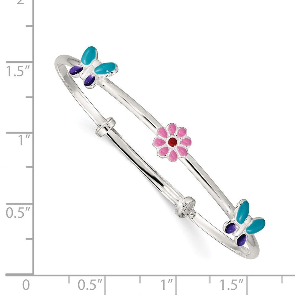 Sterling Silver Enameled Flower and Butterfly Adjustable Bangle