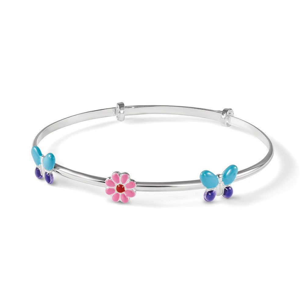 Sterling Silver Enameled Flower and Butterfly Adjustable Bangle