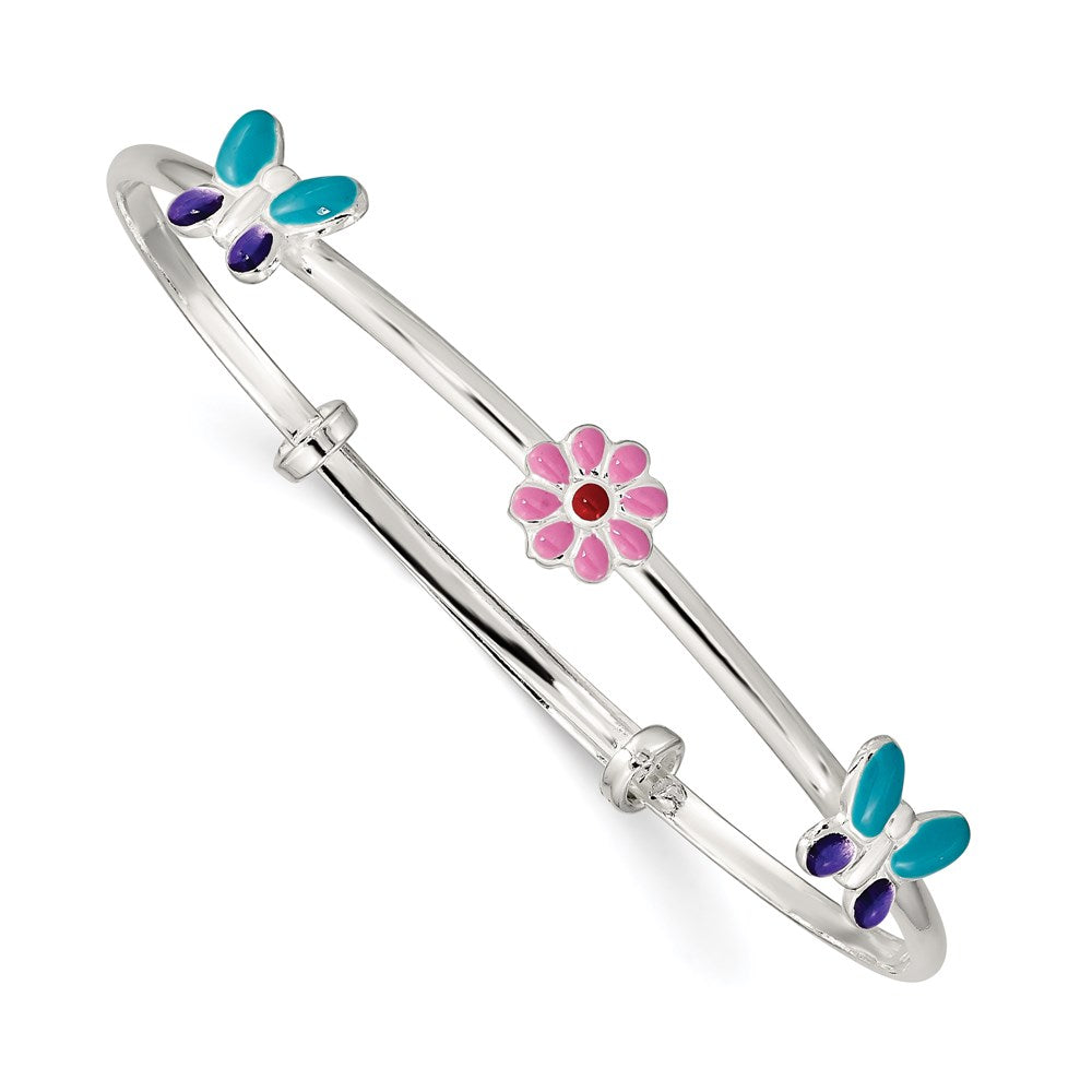 Sterling Silver Enameled Flower and Butterfly Adjustable Bangle