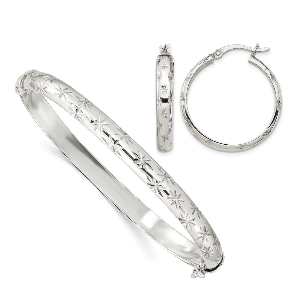 Sterling Silver D/C 6mm Bangle and 4mm Hoop Earring Set