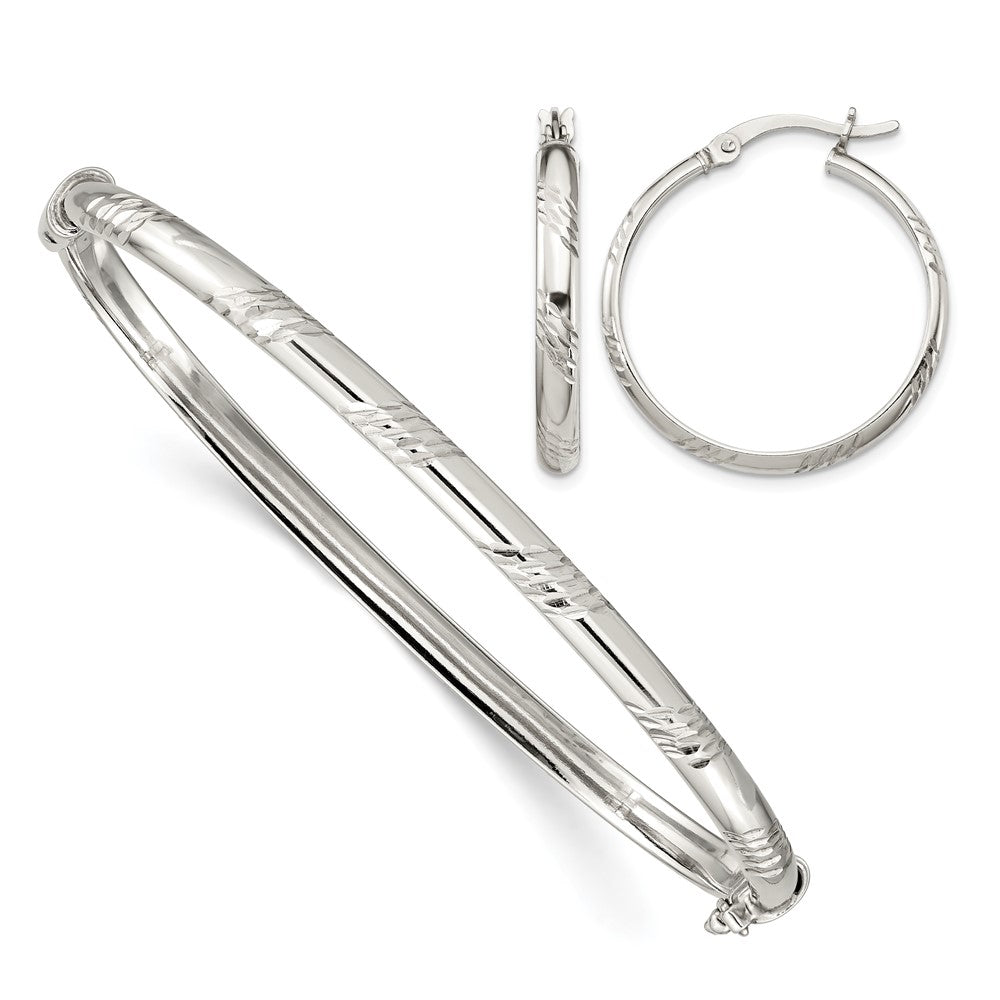 Sterling Silver D/C 4mm Bangle and 3mm Hoop Earring Set