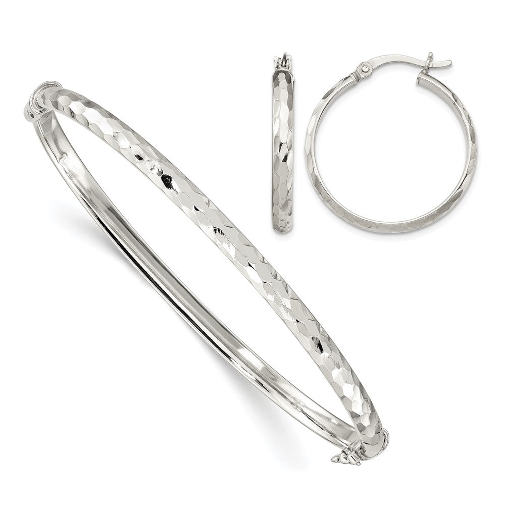 Sterling Silver D/C 4mm Bangle and 3mm Hoop Earring Set