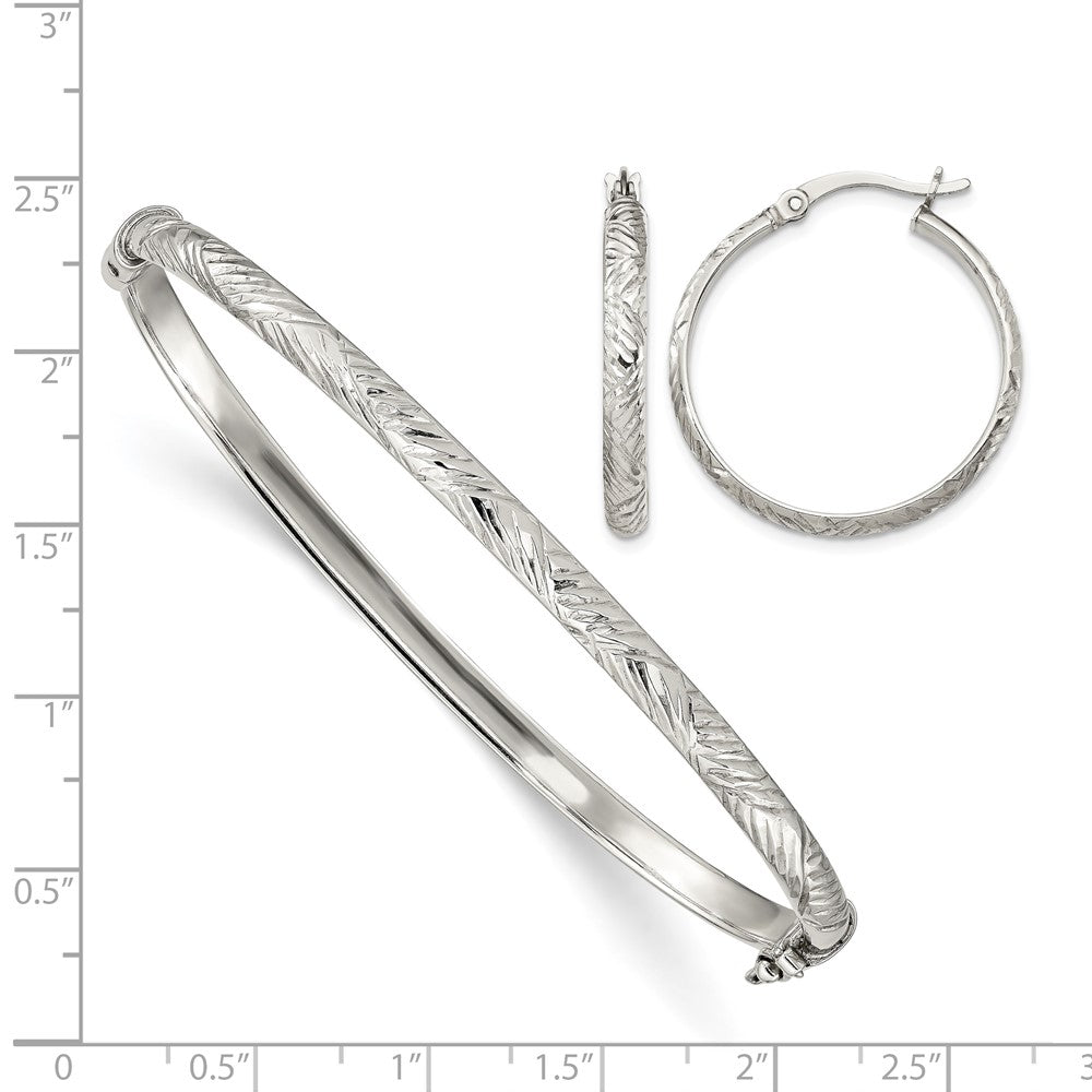 Sterling Silver D/C 4mm Bangle and 3mm Hoop Earring Set