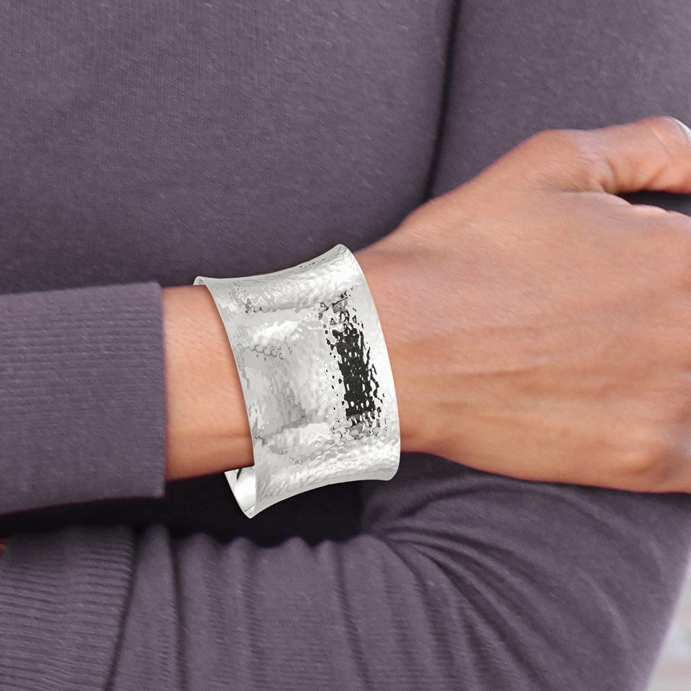 Sterling Silver 40mm Concave Hammered Cuff Bangle
