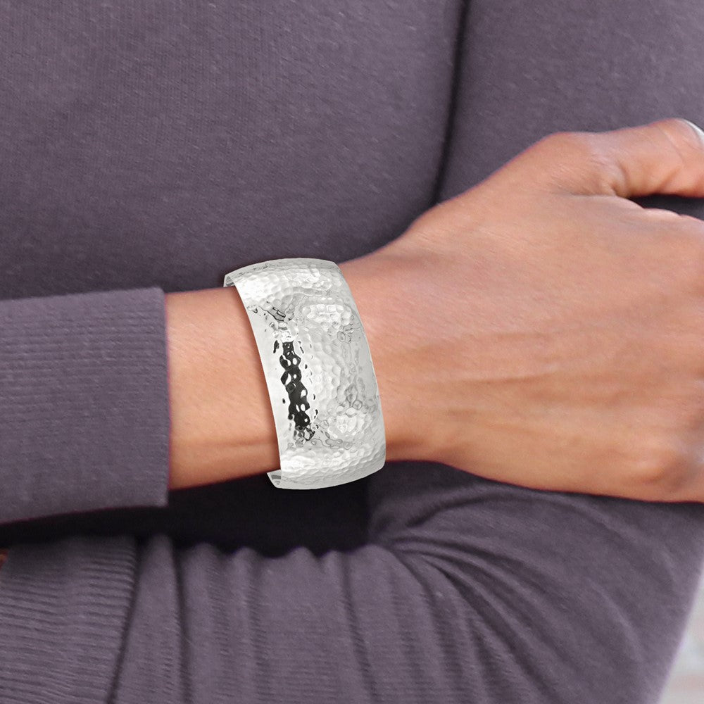 Sterling Silver 30mm Domed Hammered Cuff Bangle