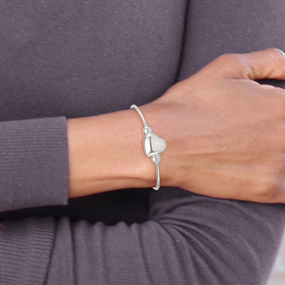 Sterling Silver Polished and Beaded Domed Heart Cuff Bangle