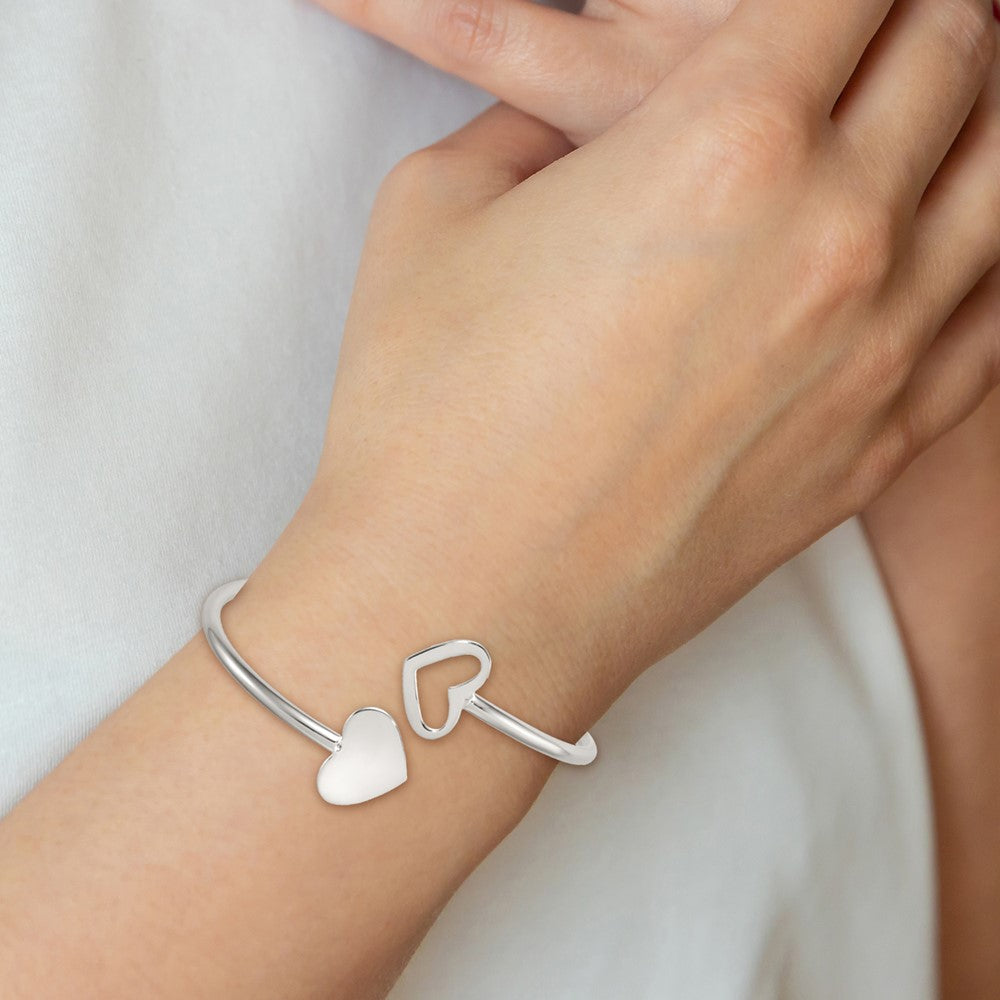 Sterling Silver Polished Double Heart Flexible Cuff Bangle