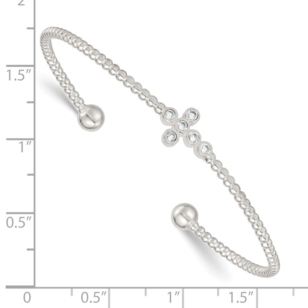 Sterling Silver Polished and Beaded CZ Cross Cuff Bangle