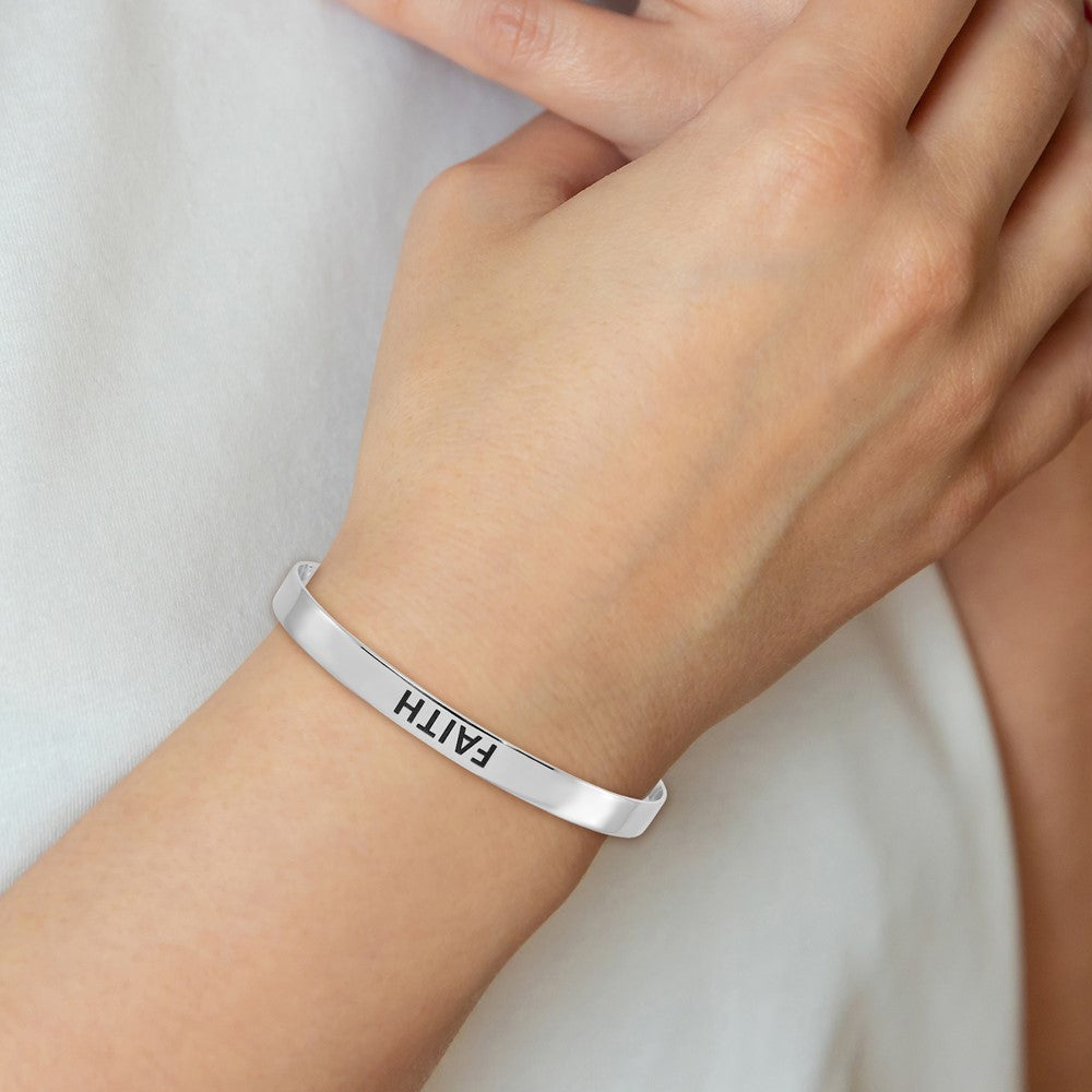 Sterling Silver Rhodium-plated Polished Enameled FAITH Cuff Bangle