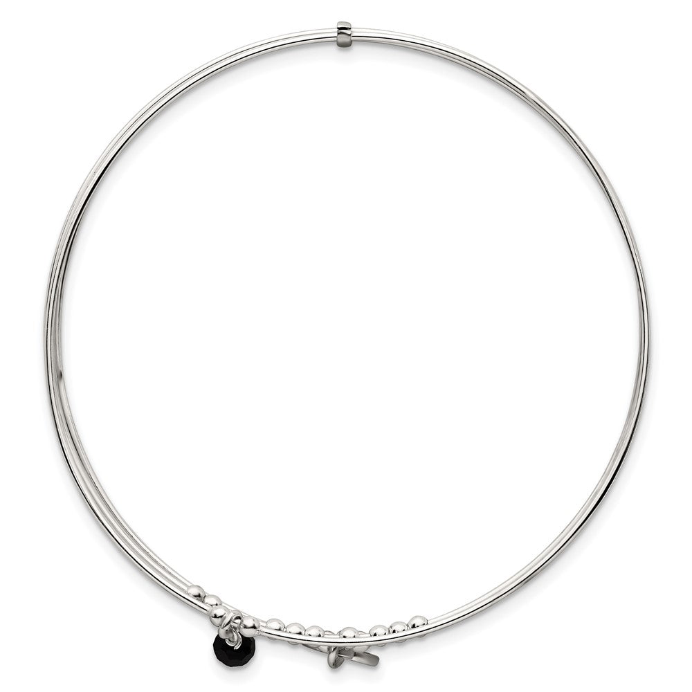 Sterling Silver Beaded Black Glass Miraculous Medal Charm Slip On Bangle
