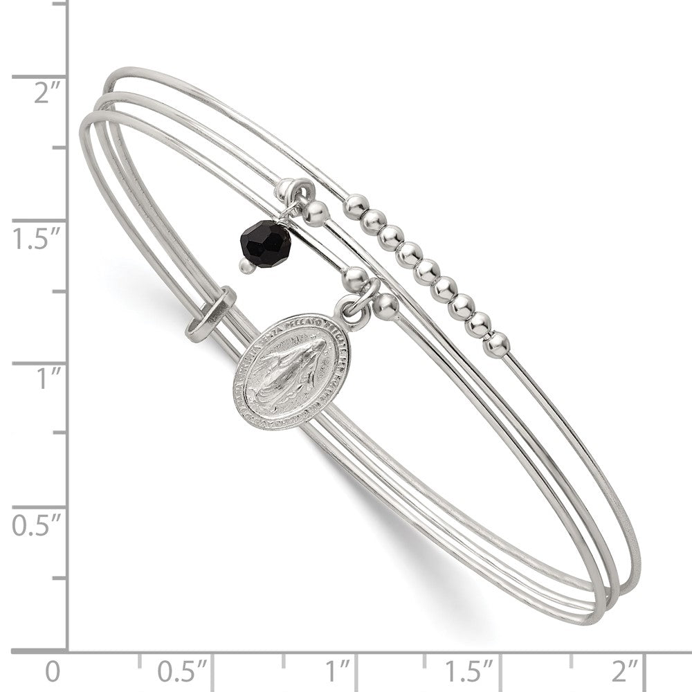 Sterling Silver Beaded Black Glass Miraculous Medal Charm Slip On Bangle