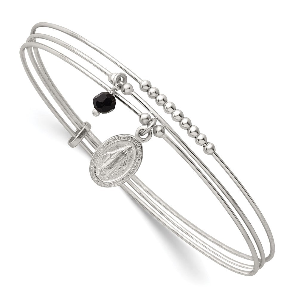 Sterling Silver Beaded Black Glass Miraculous Medal Charm Slip On Bangle