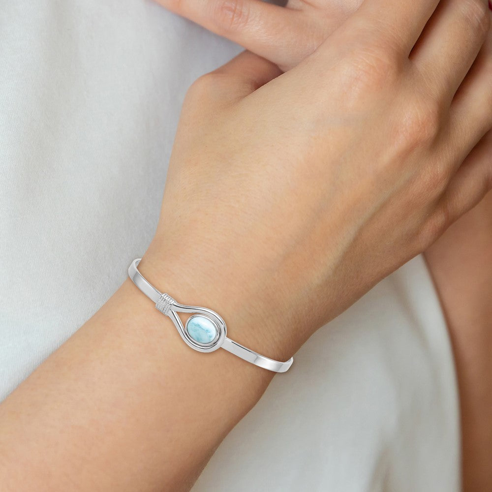 Sterling Silver RH-plated Polished and Textured Larimar Flexible Bangle