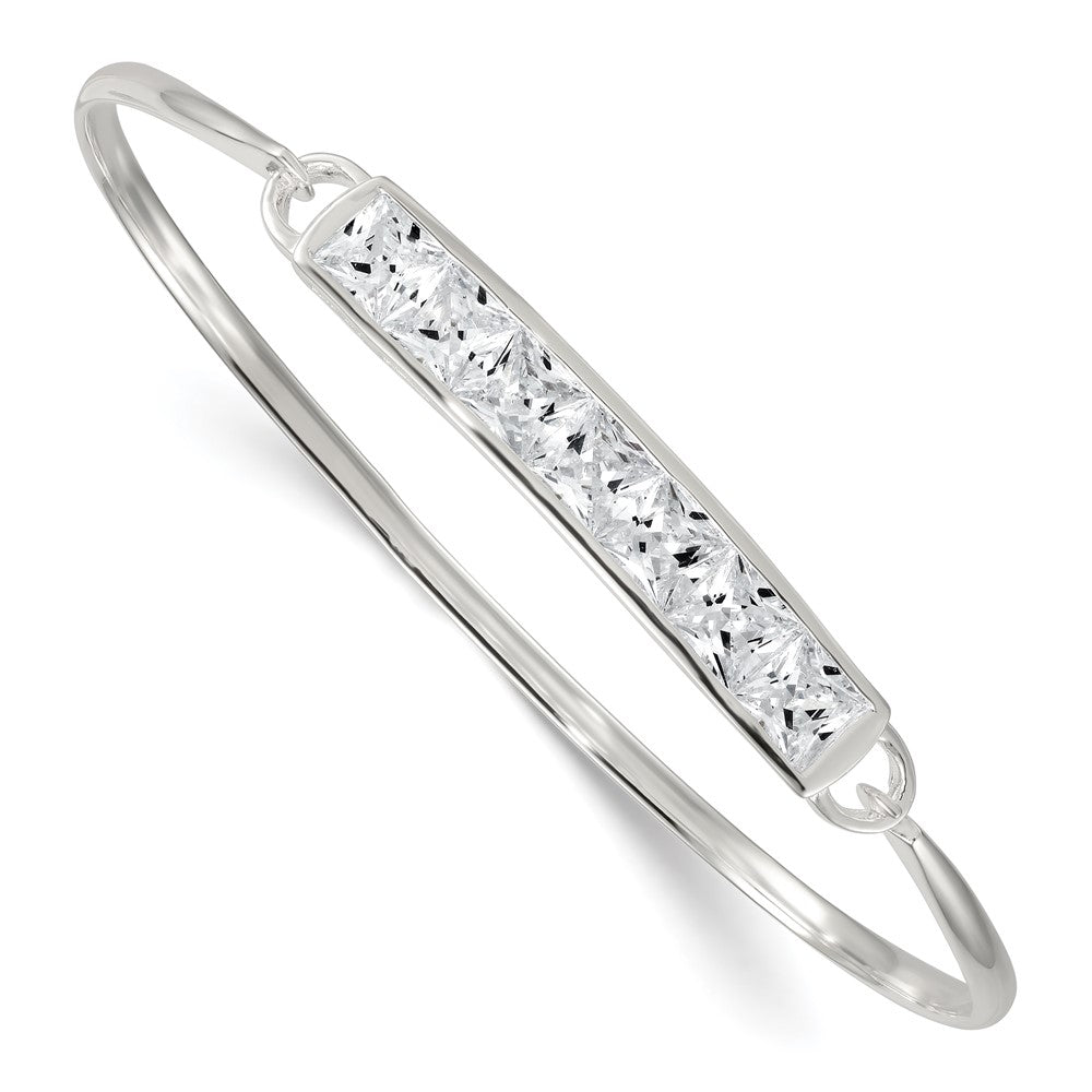 Sterling Silver Polished Square CZ Bar with Hook Closure Bangle Bracelet