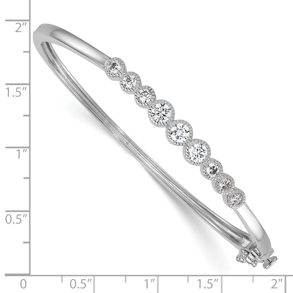 Sterling Silver RH-plated Polished / Textured Graduated CZ Hinged Bangle