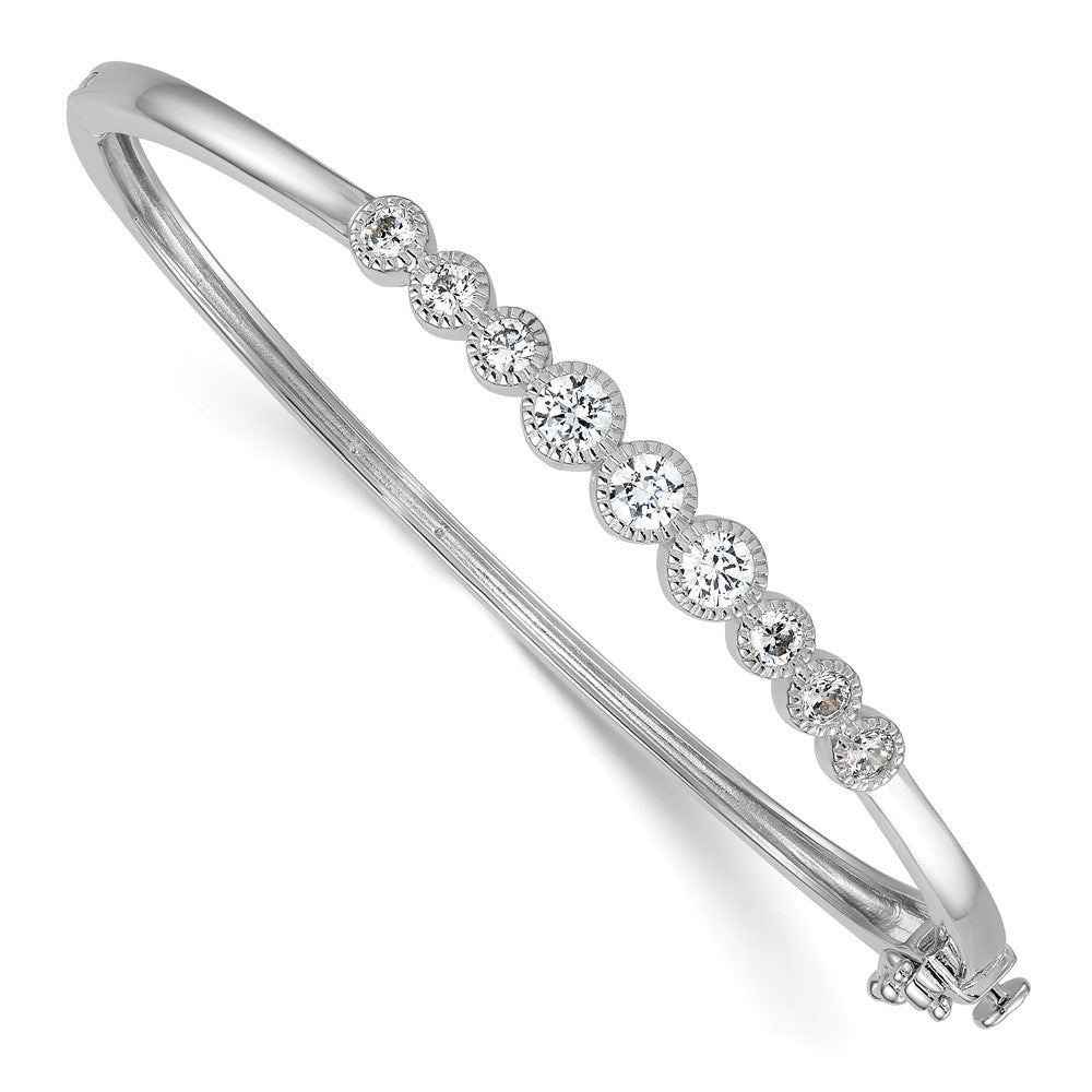 Sterling Silver RH-plated Polished / Textured Graduated CZ Hinged Bangle