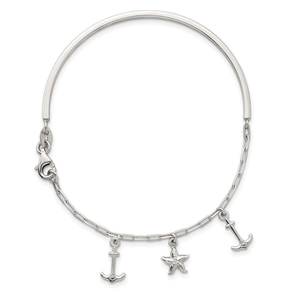 Sterling Silver Polished Anchor and Starfish Bangle Bracelet