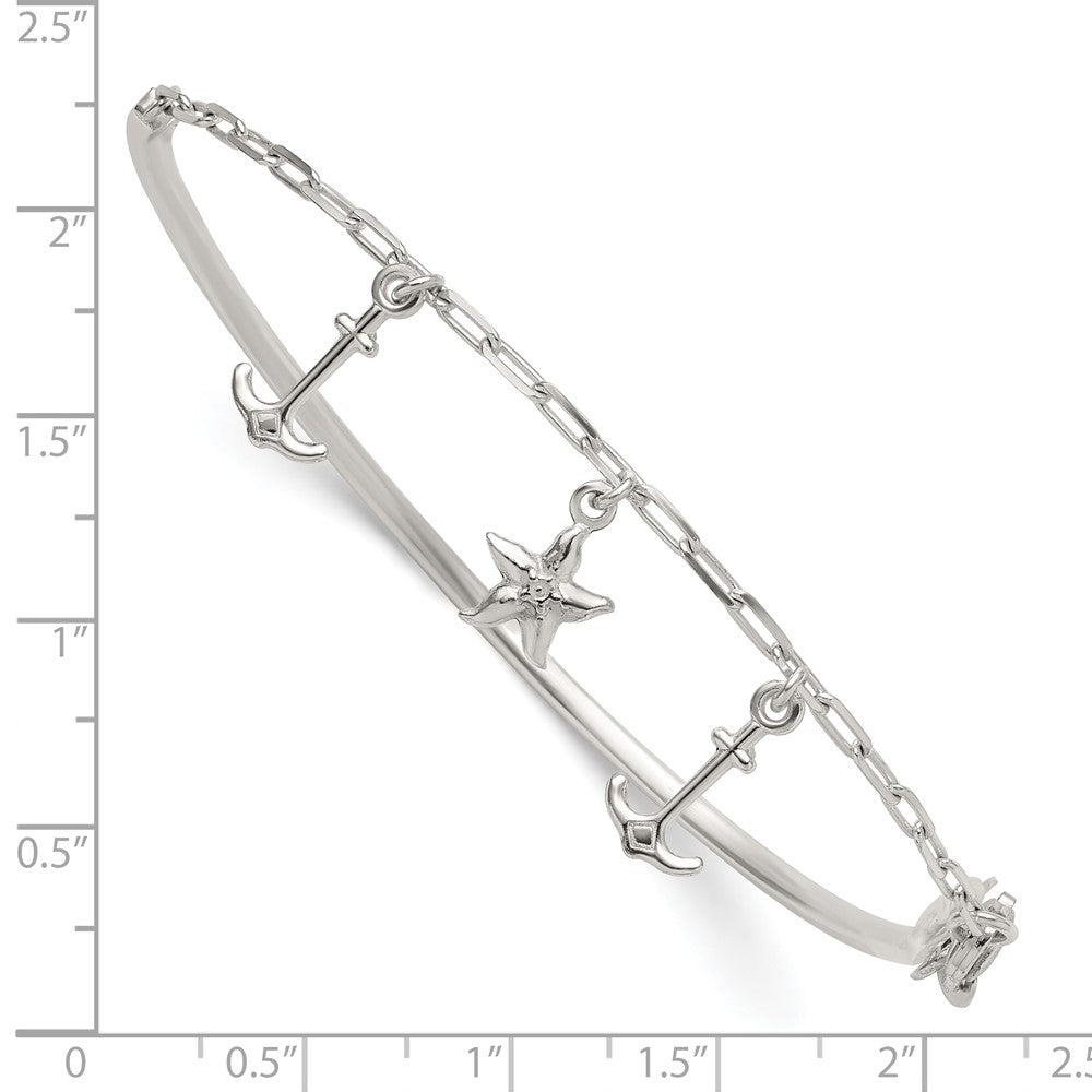 Sterling Silver Polished Anchor and Starfish Bangle Bracelet