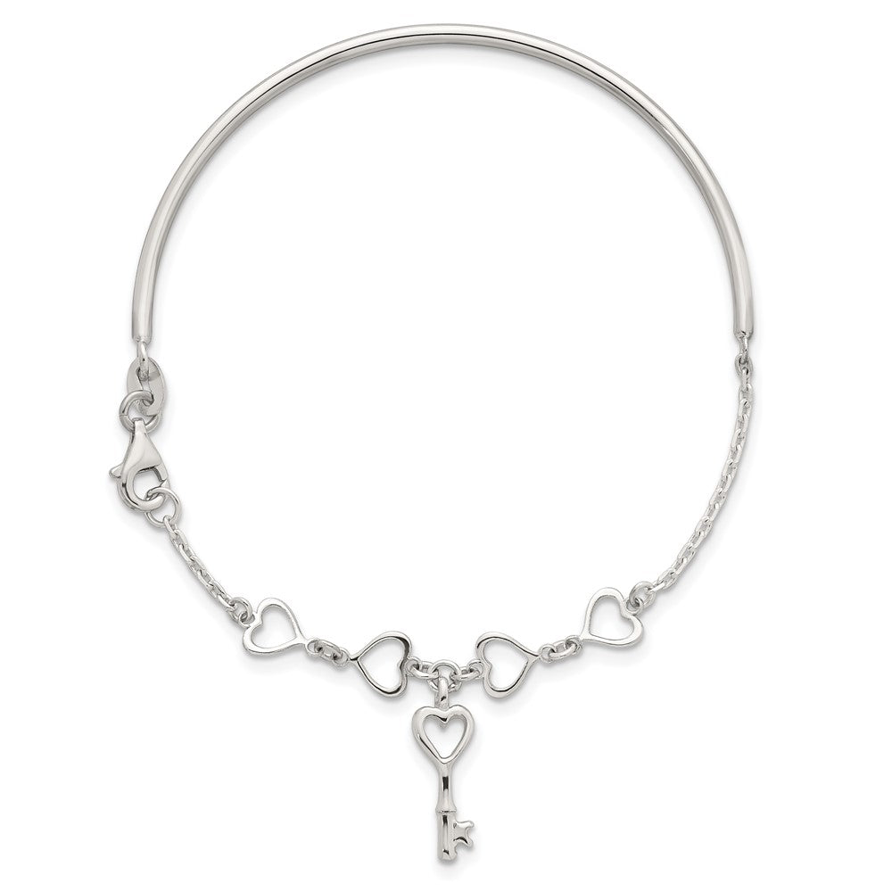Sterling Silver Polished Heart and Key Bangle Bracelet