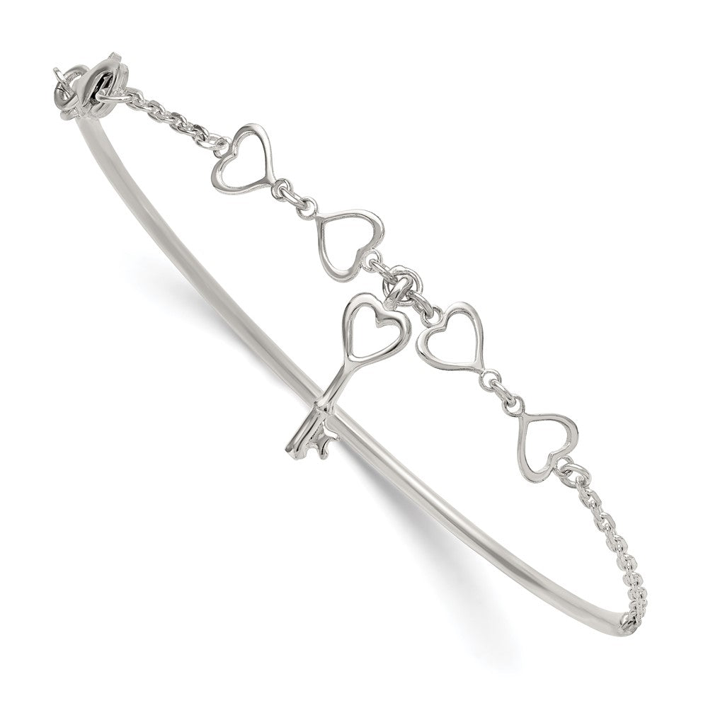 Sterling Silver Polished Heart and Key Bangle Bracelet