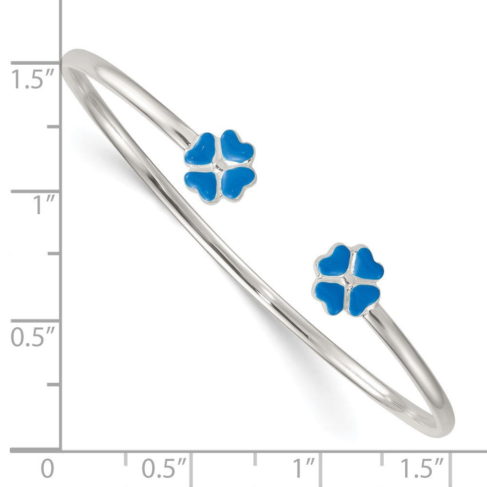 Sterling Silver Polished Enameled Blue Clover Small Cuff Bangle Bracelet
