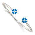 Sterling Silver Polished Enameled Blue Clover Small Cuff Bangle Bracelet