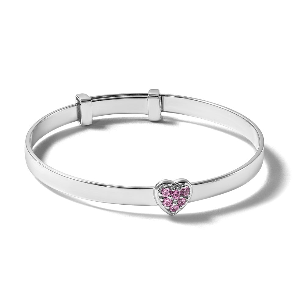 Sterling Silver Rh-plated Pink CZ Heart Children's Expandable Bangle