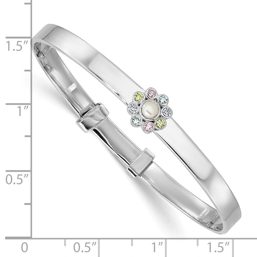 Sterling Silver Rh-pl CZ & FWC Pearl Flower Expandable Bangle