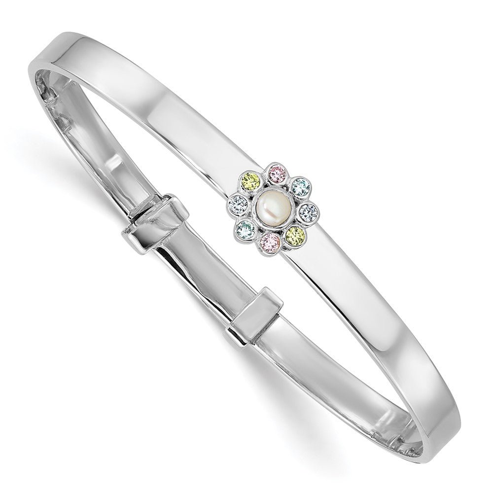 Sterling Silver Rh-pl CZ & FWC Pearl Flower Expandable Bangle