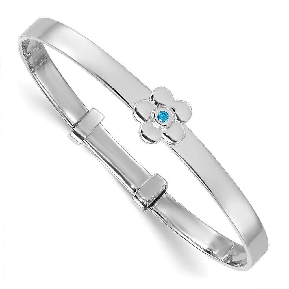 Sterling Silver Rh-pl Blue CZ Flower Expandable Bangle Bracelet