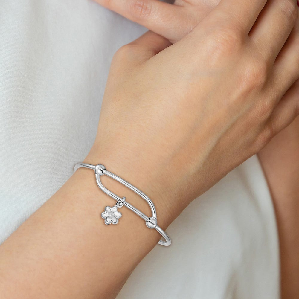 Sterling Silver RH-pltd Polished w/Dangle Flower Small Adj/Expand Bangle