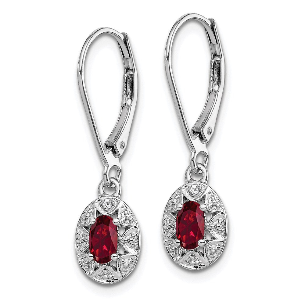 Sterling Silver Rhodium Plated Diamond and Created Ruby Leverback Earrings