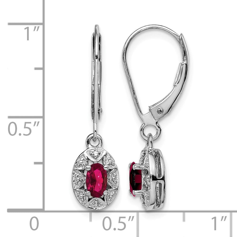 Sterling Silver Rhodium Plated Diamond and Created Ruby Leverback Earrings