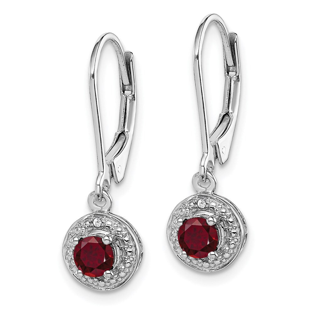 Sterling Silver RH Plated Diamond and Lab Created Ruby Leverback Earrings